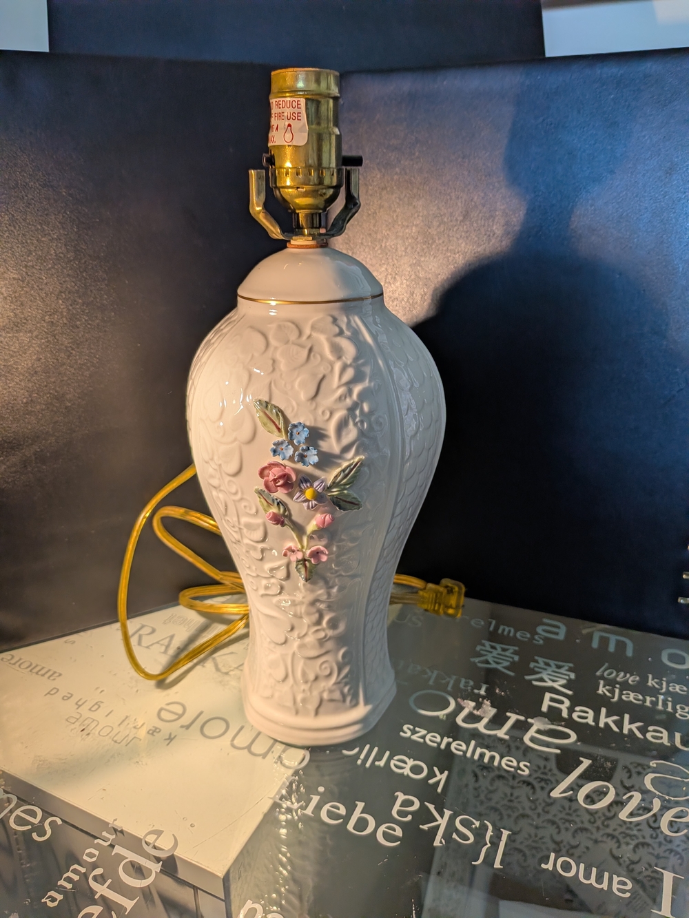 Belleek White Porcelain Floral Lamp Base Edenmore Peacock & Flowers